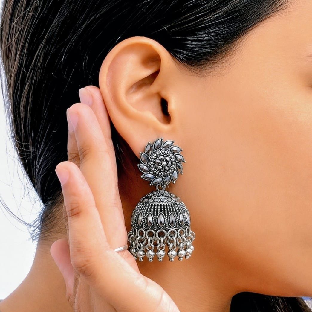 Oxidised Silver Mirror Jhumka Earrings
