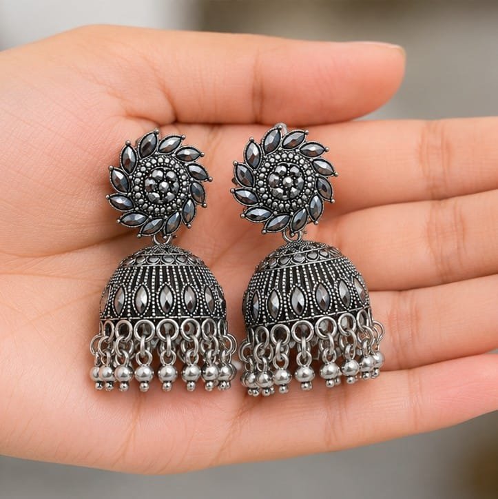 Oxidised Silver Mirror Jhumka Earrings - Image 3