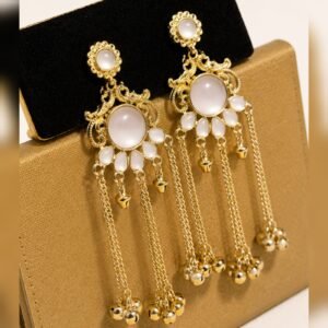 Gold Plated White Stone Long Tassel Chandbali Earrings