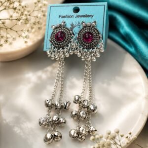 Oxidised Silver Ghungroo Chain Drop Earrings with Pink Stone