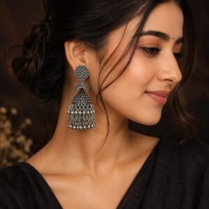 Royal Oxidised Silver Tassel Jhumka Earrings