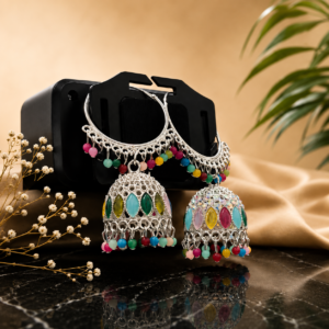 Multicolor Silver Oxidised Hoop Jhumka Earrings