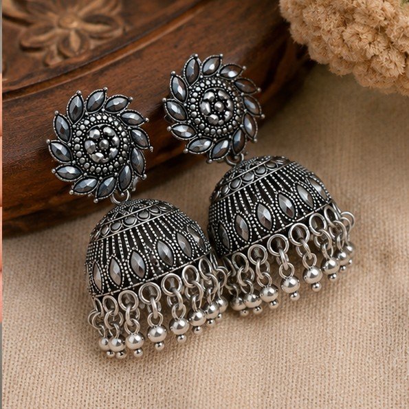 Oxidised Silver Mirror Jhumka Earrings - Image 2