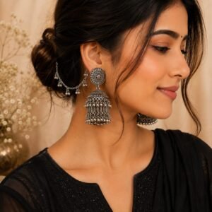 Oxidised Chandbali Jhumka with Ear Chain
